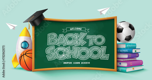 Back to school vector template design. Welcome back to school greeting typography in green chalk board with books, rocket and soccer ball for educational learning background. Vector illustration 