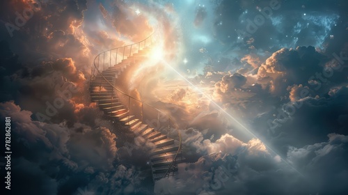 A spiral staircase encased in a beam of ethereal light, piercing through a mist of clouds and ascending towards a glowing, celestial gate.