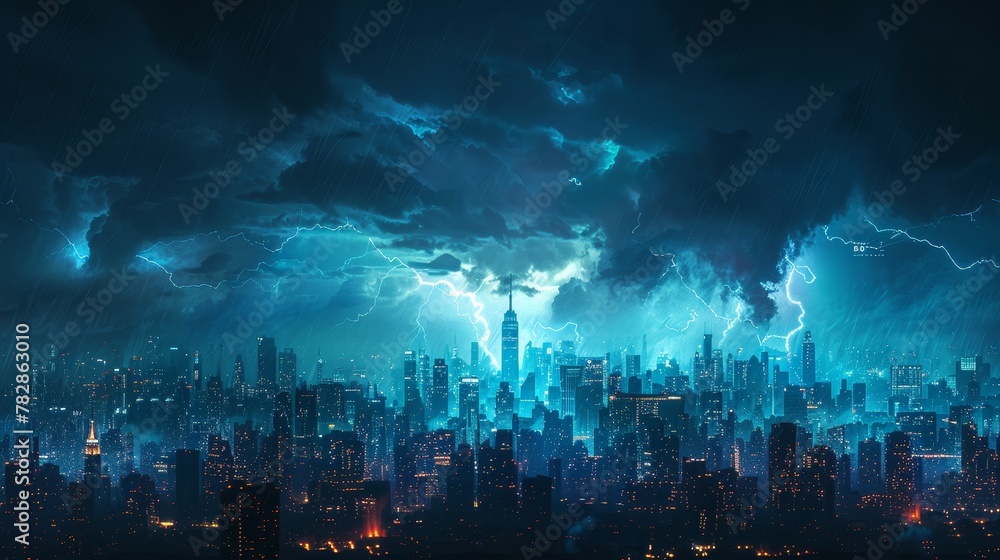 Obraz premium City Skyline: A 3D vector illustration of a city skyline during a thunderstorm