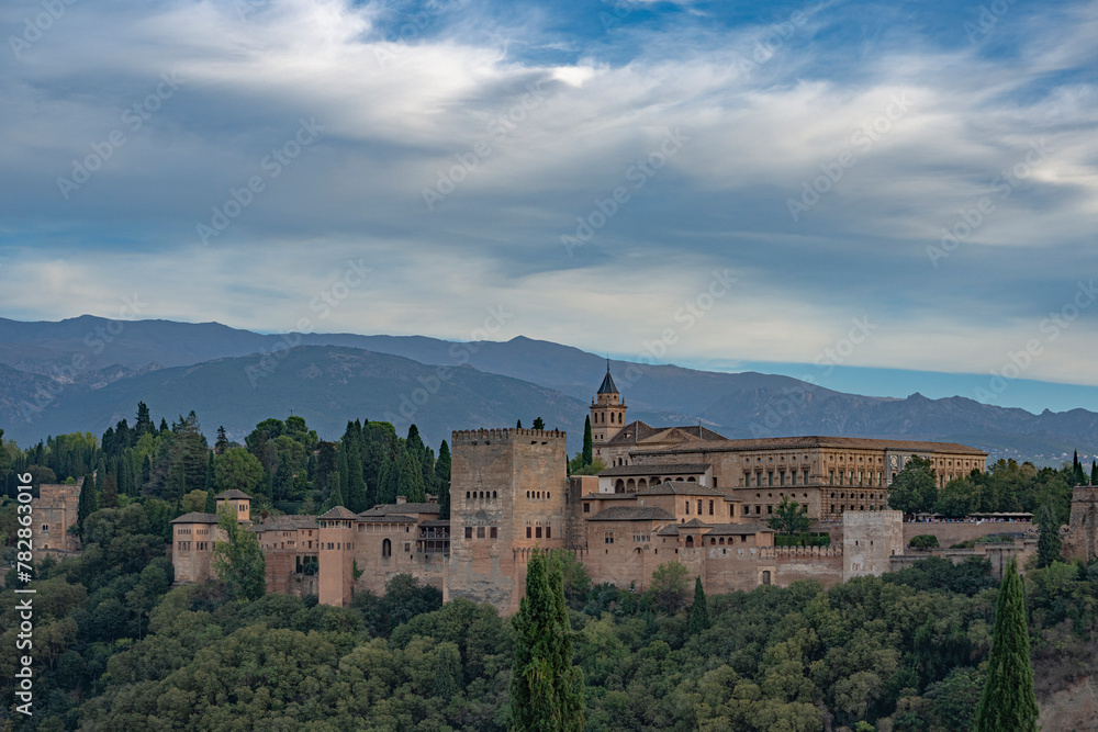 Sunset view of the Alhambra Palace, in Granada, Spain.