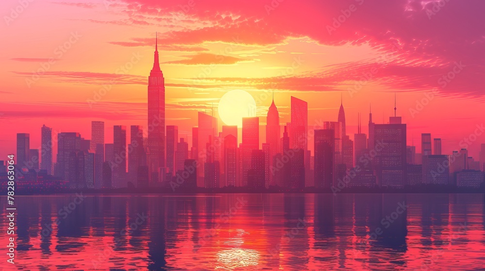 City Skyline Network: A 3D vector illustration of a city skyline during a vibrant sunrise City Skyline Network: A 3D vector illustration of a city skyline during a vibrant sunrise