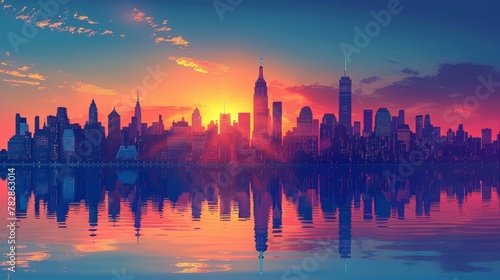 City Skyline: A 3D vector illustration of a city skyline at sunset