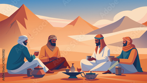 A group of nomads in the Middle East taking a break from their journey to enjoy a cup of mint tea a staple in their culture. The rugged desert