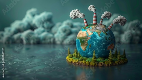 Climate Change: A 3D vector illustration of a globe with industrial smokestacks emitting pollution