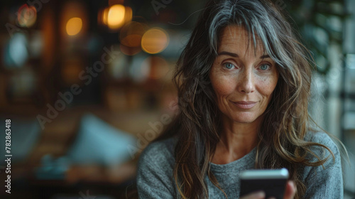 Beautiful mature brunette woman focused on her smartphone screen within a warmly lit, cozy indoor environment, exuding a serene ambiance.