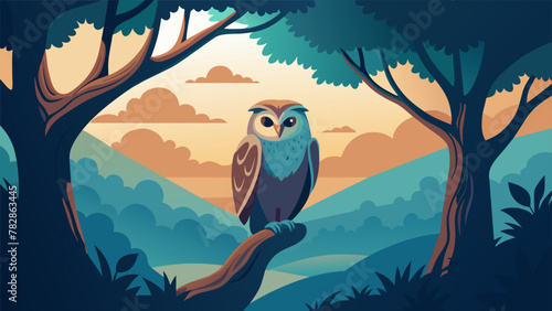 A wise old owl perched atop a magnificent oak tree its eyes closed in deep contemplation. Its feathers blend seamlessly with the trees leaves