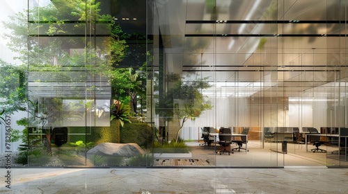 A sustainable office building designed with clear glass walls, showcasing a vertical garden and large trees within its interior spaces for a natural atmosphere. 