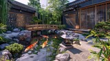 A tranquil backyard with a Japanese garden theme, including a koi pond with a small bridge, a rock garden, and bamboo plants