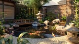 A tranquil backyard with a Japanese garden theme, including a koi pond with a small bridge, a rock garden, and bamboo plants. 