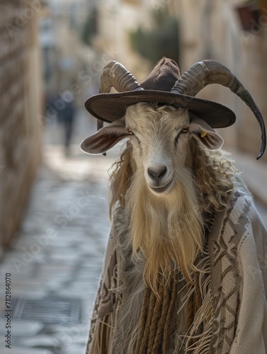 a goat dressed as a Jewish priest and copy space - generative ai photo