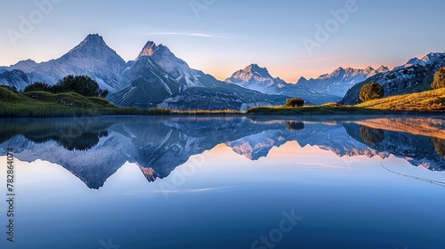 A tranquil mockup of a mountain lake at dawn, with reflections of the surrounding peaks.