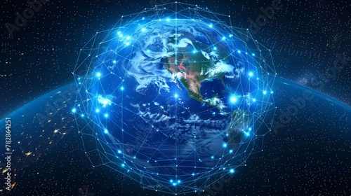 Global Connectivity: A 3D vector illustration of a globe surrounded by digital network lines connecting various points