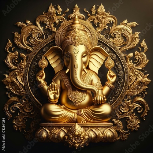 Divine Ganesha: Luxurious Golden Statue Symbolizing Spirituality, Faith, and Worship Against a Black Background