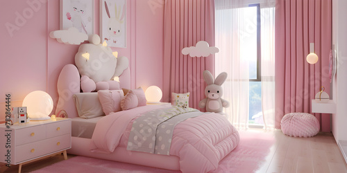  Pink interior design of a girl's bedroom. Kids room with pink bed and walls decorations , Interior of pastel kid bedroom in pink tone with comfortable bed wardrobe desk and many doll 