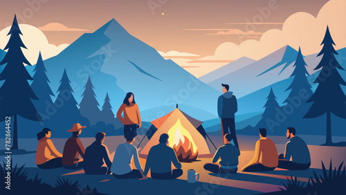 After a long day of trekking through the wilderness a group of novice campers huddle around a crackling campfire eagerly learning how to pitch