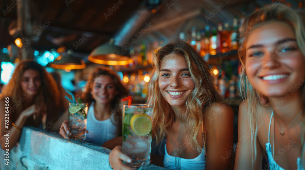 Group of cheerful young women enjoying refreshing mojitos at a lively bar. The scene captures the essence of friendship and joy in a casual, nightlife setting.
