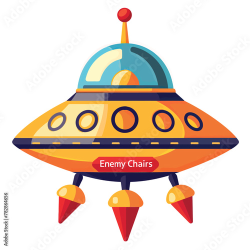 a cartoon of a yellow flying saucer with the name enemy chairs on it