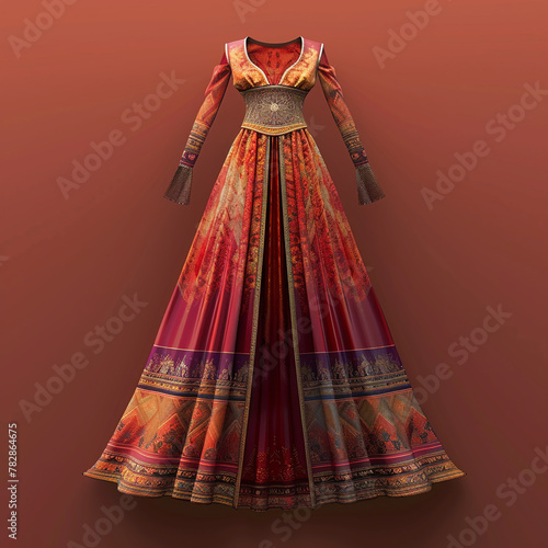 Elegant Thai silk dress, 3D vector, traditional patterns, sunset hues