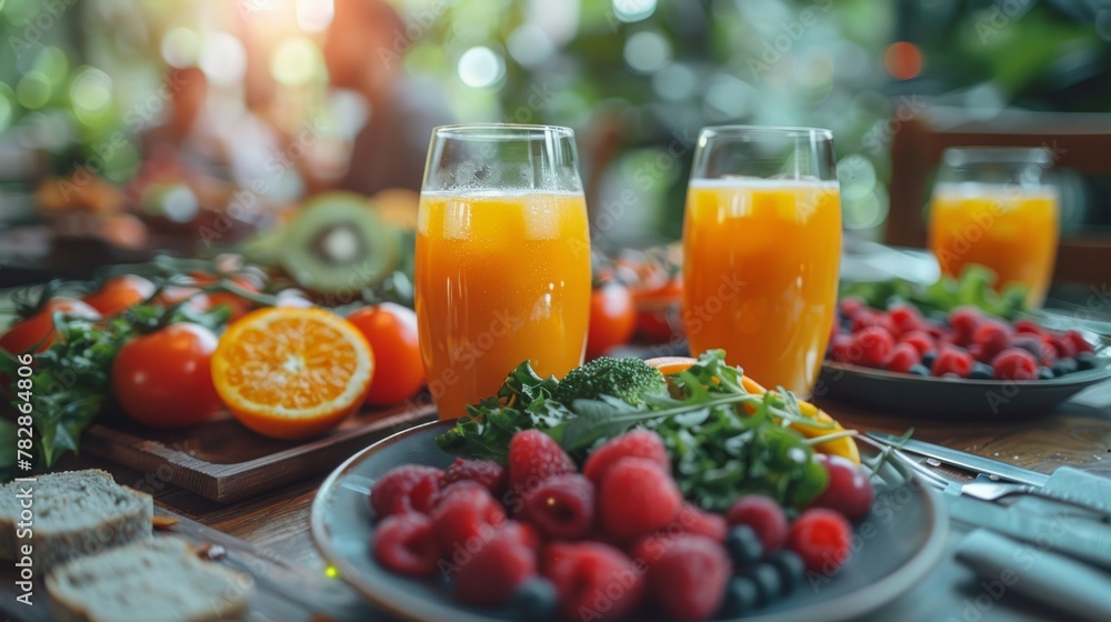 Close-up of a hearty, healthy breakfast spread in a cafe setting, in the soft focus background, enjoying the morning together. Close-up of a hearty, healthy breakfast spread in a cafe setting, in the soft focus background, enjoying the morning together.