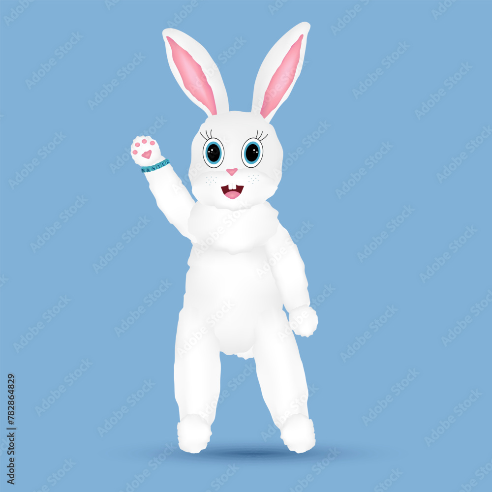 White anthropomorphic Easter hare on blue background waving his paw. Bracelet with Easter inscription. Vector color drawing