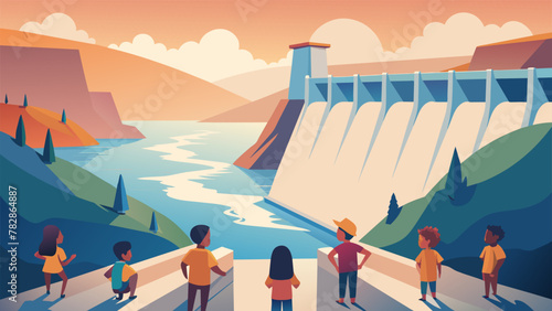 A group of children excitedly attend a field trip to a hydroelectric dam marveling at the powerful water rushing through turbines to generate photo