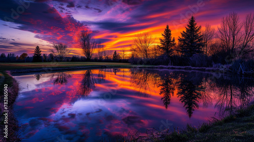 A tranquil pond reflecting the vibrant colors of a fiery sunset in the evening sky. © alishba Lishay