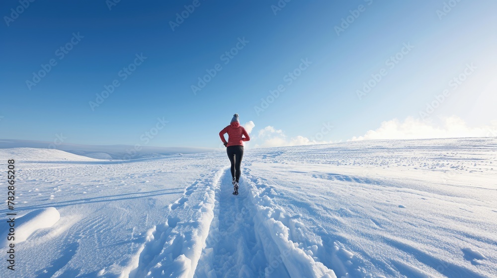 An athlete braves the winter chill, running through a snow-covered trail with a serene, frosty landscape in the background. AIG41