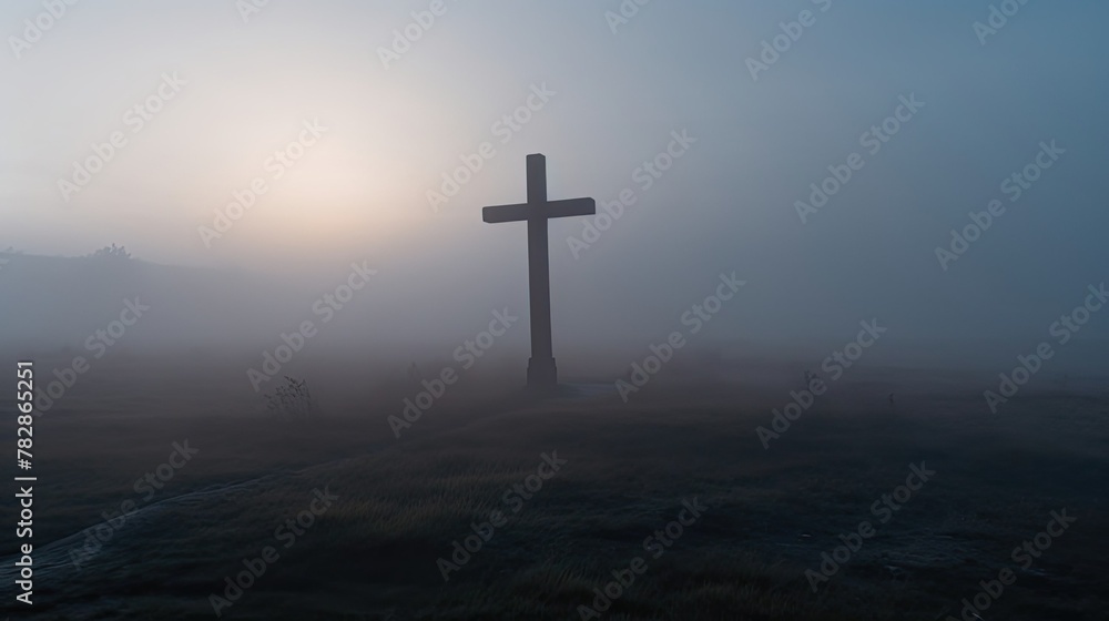 Cross in midst of misty field. Christian symbol. Concept of finding the way and faith. AI generated