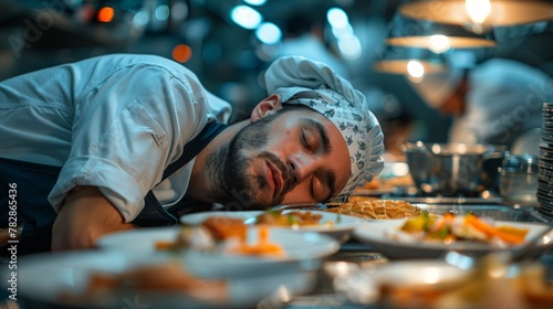 Fototapeta Naklejka Na Ścianę i Meble -  An overworked chef wearing a traditional hat falls asleep on the kitchen counter, surrounded by dishes of prepared food, illustrating fatigue during work hours.