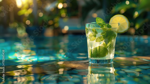 a mojito on the edge of the pool, with empty copy space