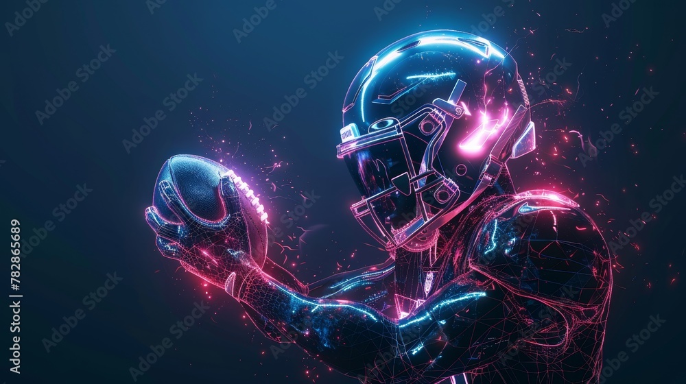 Fototapeta premium Glowing Neon Football: A 3D vector illustration of a football player holding
