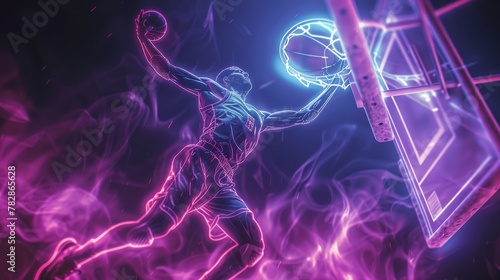 Glowing Neon Basketball: A 3D vector illustration of a basketball player in mid-air