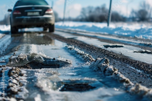 A car on the road with potholes and ice in a winter landscape.