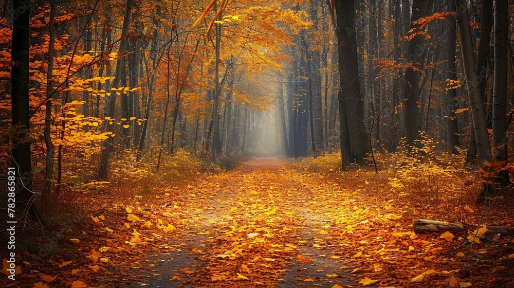Autumn path through a dense forest, with fallen leaves creating a golden carpet, inviting a leisurely stroll through nature's vibrant autumn palette