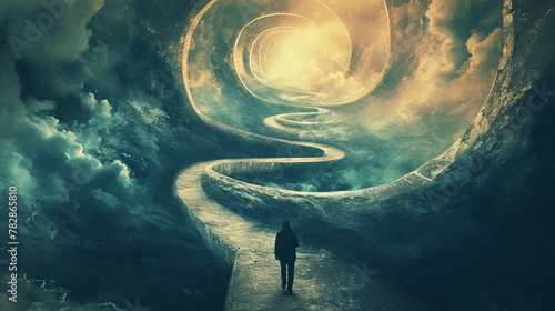 world of deepness ,multiple path , one person --ar 16:9 --v 6 Job ID: fd1ce262-5832-455e-a26f-c5fb89d12952