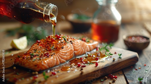 Close-up of a chef's hand pouring sauce on grilled salmon fillet