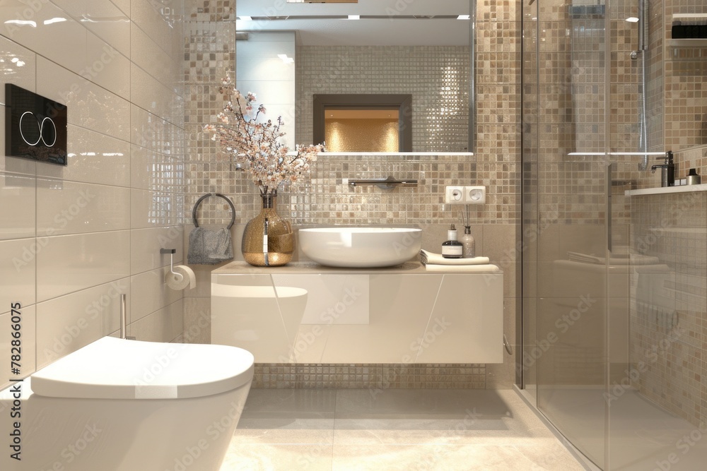 Bathroom with a toilet, sink and entrance in a beige color with white accents, with modern design with accessories. A large mirror hangs above it. Bathroom with a toilet, sink and entrance in a beige color with white accents, with modern design with accessories. A large mirror hangs above it.