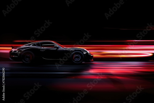 A black car driving fast on the road  with motion blur    against a dark background  leaving a red light trail behind it  moving at high speed.