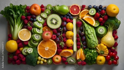 A unique and creative take on a healthy lifestyle  featuring a man sculpted from a variety of fruits and vegetables. Each piece of produce is carefully placed to create a visually stunning and detaile