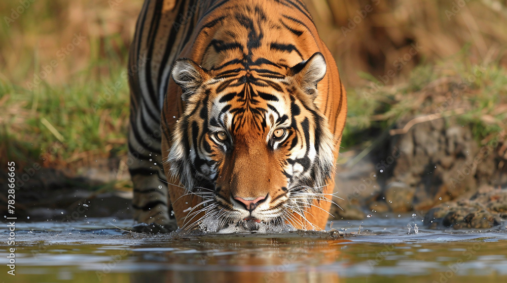 Fototapeta premium Close-up view of a tiger drinking water from a river in the wild Savannah