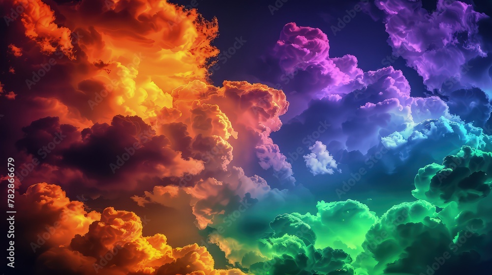 An abstract sky with bold, bright neon clouds in contrasting colors of orange, purple, and green, set against a dark blue sky. 