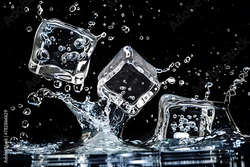 Melting ice cubes with water drops on black background