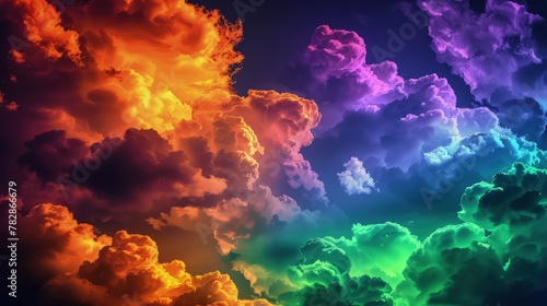 An abstract sky with bold, bright neon clouds in contrasting colors of orange, purple, and green, set against a dark blue sky. 
