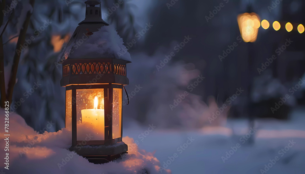 Winter evening and lantern with burning candle. Generative ai design concept.