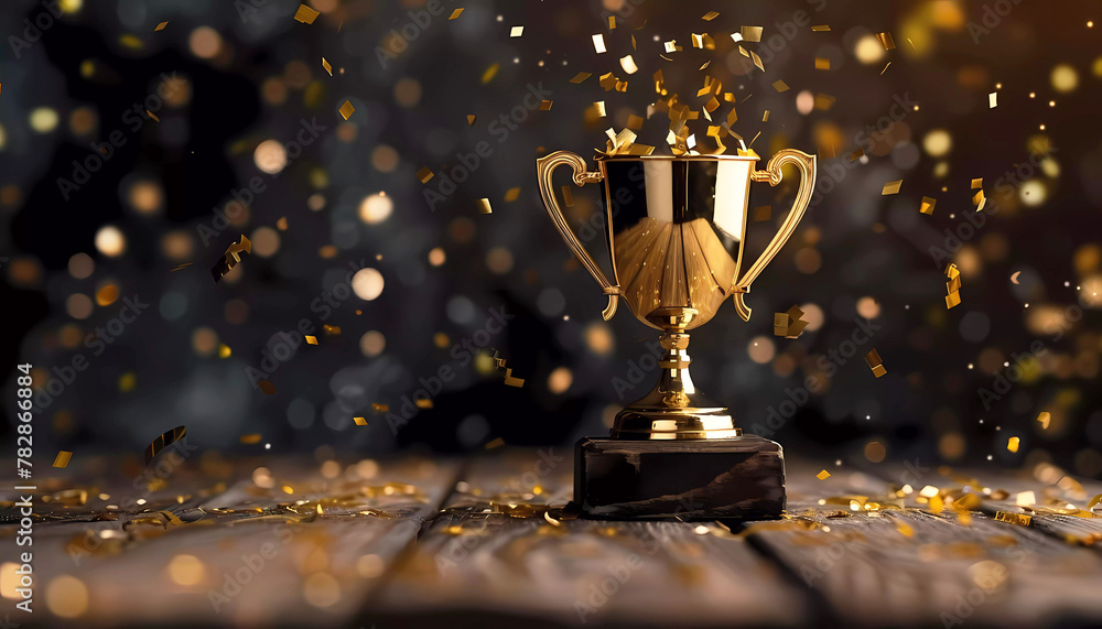 Champion gold cup on wooden table and gold confetti. Generative ai design art concept. Champion gold cup on wooden table and gold confetti. Generative ai design art concept.