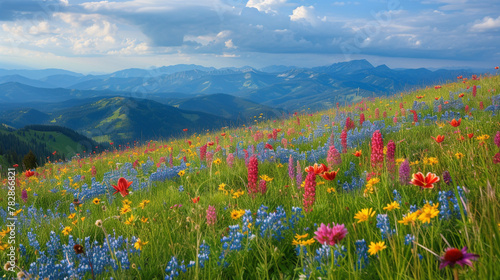 Mountain meadow in spring, blanketed in a carpet of wildflowers, showcasing a vibrant and colorful display of nature's beauty © alishba Lishay