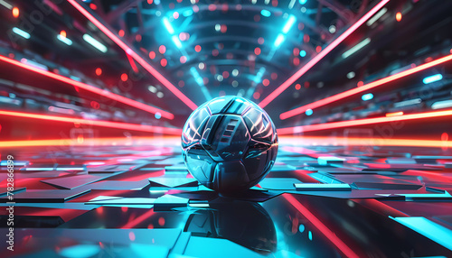 Futuristic soccer ball in colorful stadium. Generative ai design concept. photo