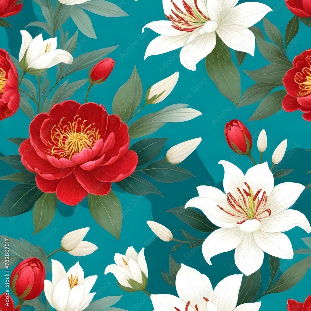 Green background red roses and white lily flowers Green background red roses and white lily flowers