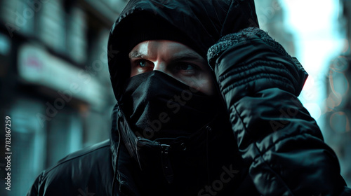 A man in a black jacket and a black robber mask adjusts his hood on a dark street. photo