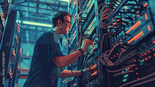 Network Management: A 3D vector illustration of a network technician troubleshooting a server